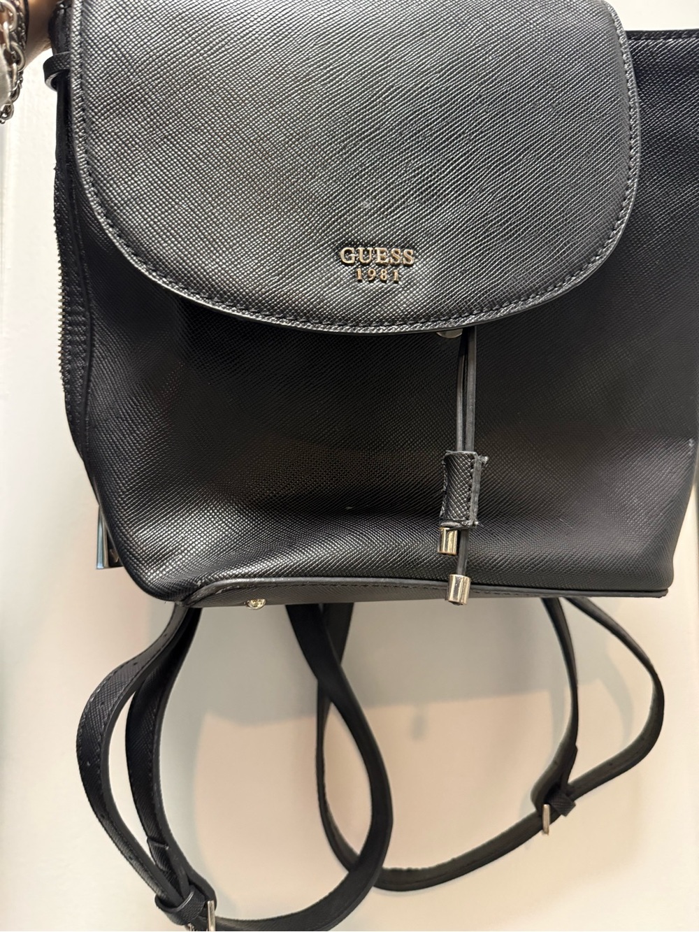 Guess Black Saffiano Mini Backpack with Gold Logo GUC